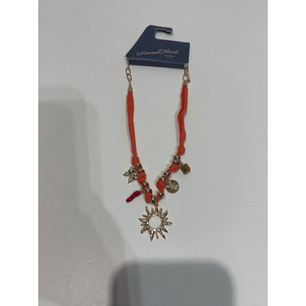 Universal Thread Sun Charm Necklace Women‎ OS Orange Gold Tone Fabric Cord Boho